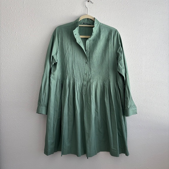 Maison Standards Fernande Pleated Mini Shirt Dress in Blue/Green - Picture 1 of 6